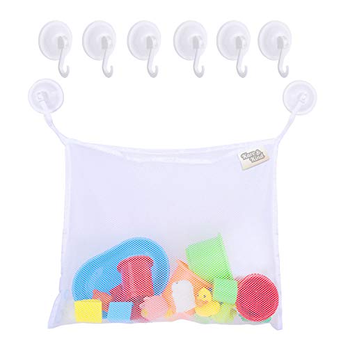 Bath Toy Organizer Set - 2 Extra Large Mesh Bags - 6 Extra Strong Grip Lock Suction Cup Hooks (White) - Easy Storage of Bath Toys and Other Bathroom Items - Mesh Bags Allow Content to Dry