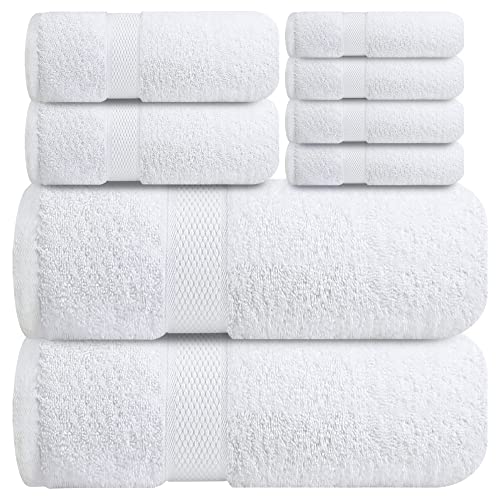 Premium White Bath Towels Set - [Pack of 8] 100% Cotton Highly Absorbent 2 Bath Towelsel, 2 Hand Tows and 4 Washcloths + Bath Sheets – Pack of 2, 35x70 Inches Large Bath Sheet Towel