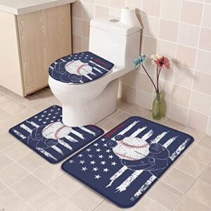 baseball bathroom rugs sets 3 piece, anti-slip absorbent shower rugs with u-shaped contour toilet mat, soft & dry mats carpets for home decor, hand holding baseball on blue flag background
