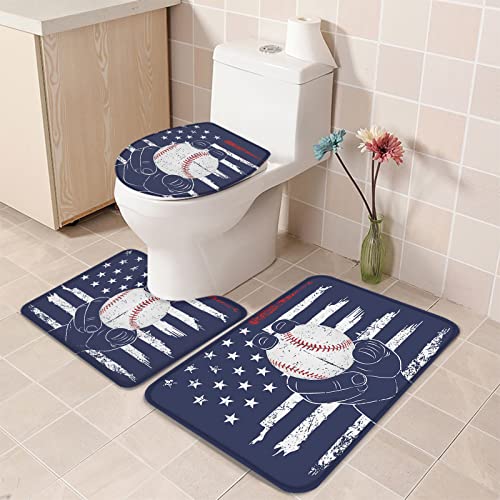 Baseball Bathroom Rugs Sets 3 Piece, Anti-Slip Absorbent Shower Rugs with U-Shaped Contour Toilet Mat, Soft & Dry Mats Carpets for Home Decor, Hand Holding Baseball on Blue Flag Background