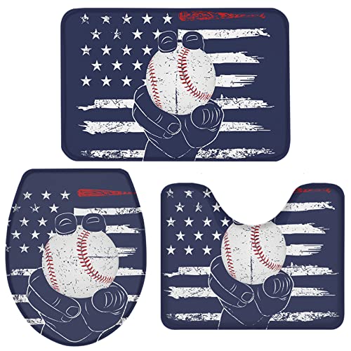 Baseball Bathroom Rugs Sets 3 Piece, Anti-Slip Absorbent Shower Rugs with U-Shaped Contour Toilet Mat, Soft & Dry Mats Carpets for Home Decor, Hand Holding Baseball on Blue Flag Background