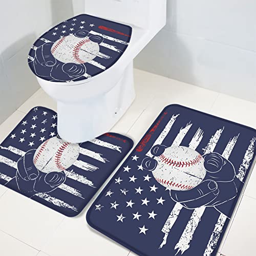 Baseball Bathroom Rugs Sets 3 Piece, Anti-Slip Absorbent Shower Rugs with U-Shaped Contour Toilet Mat, Soft & Dry Mats Carpets for Home Decor, Hand Holding Baseball on Blue Flag Background