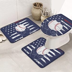 Baseball Bathroom Rugs Sets 3 Piece, Anti-Slip Absorbent Shower Rugs with U-Shaped Contour Toilet Mat, Soft & Dry Mats Carpets for Home Decor, Hand Holding Baseball on Blue Flag Background