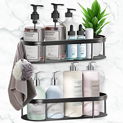 vinlley Shower Caddy, Shower Shelf, Adhesive Shower Organizer No Drilling, SUS304 Stainless Steel Shower Shelf for Shower and Bathroom Storage, 2 Pack with 6 Hooks&4 Transparent Wall Stickers, Black