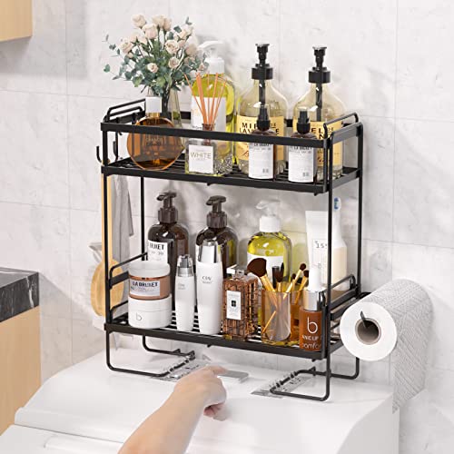 NUTSAAKK Bathroom Over The Toilet Storage Shelf, 2-Tier Bathroom Organizer Over Toilet, Above Toilet Storage with Non-Trace Adhesive, No Drilling Toilet Organizer, Toilet Paper Holder (Upgrade Black)