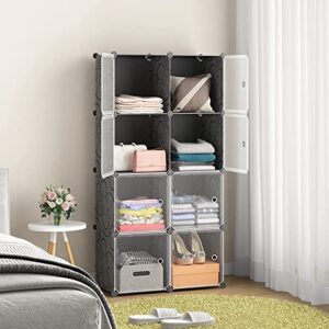 Aeitc 8 Cube Storage Organizer Closet Shelves Storage Cubes DIY Cubby Organizing Modular Cabinet Bookcase Cubby Closet Shelf for Bedroom, Living Room, Black with Clear Door