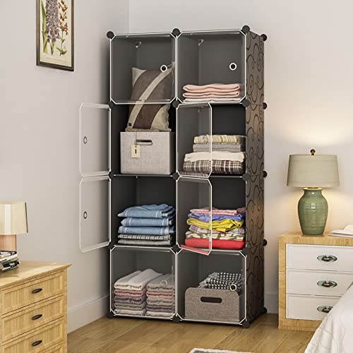 Aeitc 8 Cube Storage Organizer Closet Shelves Storage Cubes DIY Cubby Organizing Modular Cabinet Bookcase Cubby Closet Shelf for Bedroom, Living Room, Black with Clear Door