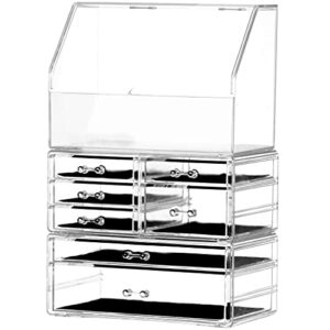 cq acrylic cosmetic display cases with lid dustproof waterproof for bathroom countertop stackable clear makeup organizer and storage with 7 drawers,set of 3
