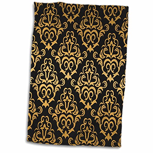 3D Rose Glam Gold and Black Large Damask Pattern Hand Towel, 15" x 22", Multicolor