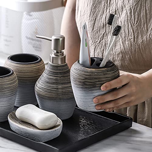 Ltwqv Bathroom Accessories Set 5 Pcs Bathroom Countertop Vanity Accessory Set with Ceramic Cup, Lotion Soap Dispenser, Soap Dish, Toothbrush Holder, Modern Ceramic Bathroom Essentials Sets