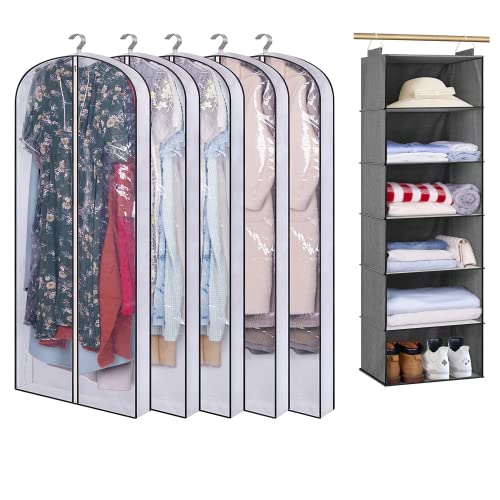 SLEEPING LAMB 60'' Long Hanging Garment Bags for Closet Storage and 6 Shelves Jumbo Hanging Closet Organizer and Storage