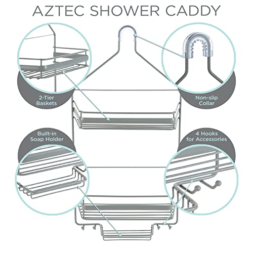 Bath Bliss Regency Hanging Shower Caddy | Bathroom Storage & Organization | Shower Head Hang | 2 Baskets and Razor Hooks | Soap Bar Tray | Metal | Grey