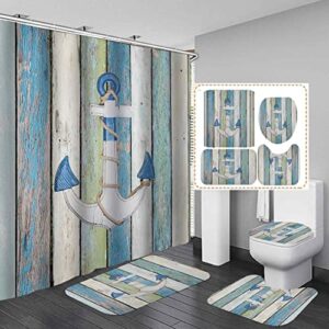 dia magico 4pcs blue white anchor shower curtain set, green teal wooden barn door coastal beach ocean rustic nautical bathroom decor, waterproof fabric shower curtain, non-slip bath mat toilet rug
