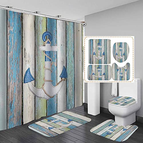 Dia Magico 4PCS Blue White Anchor Shower Curtain Set, Green Teal Wooden Barn Door Coastal Beach Ocean Rustic Nautical Bathroom Decor, Waterproof Fabric Shower Curtain, Non-Slip Bath Mat Toilet Rug