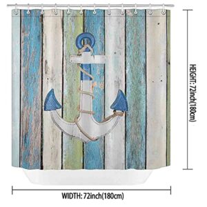 Dia Magico 4PCS Blue White Anchor Shower Curtain Set, Green Teal Wooden Barn Door Coastal Beach Ocean Rustic Nautical Bathroom Decor, Waterproof Fabric Shower Curtain, Non-Slip Bath Mat Toilet Rug