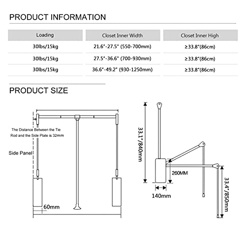 mellifuous Pull Down Closet Rod, Retractable Heavy Duty Rods Hanging Clothes, Adjustable Extender Rod Wardrobe Lift Aluminium 35''-47.2'', 30 lbs Load Capacity, black, 35''-47.2'' (890-1200mm)