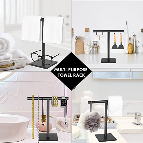 DUKWIN Hand Towel Holder, SUS304 Stainless Steel Hand Towel Stand T-Shaped Matte Black Freestanding Rack for Bathroom Kitchen Countertop with Square Base