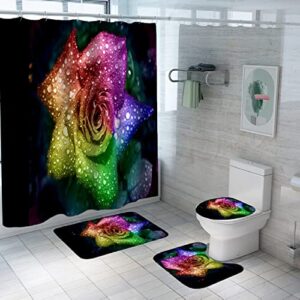 colorful roses 4-piece set shower curtains waterproof, flowers 3d shower curtain set, with non-slip rug, toilet lid cover and bath mat, for bathroom decoration with 12 hooks-65" x 72"