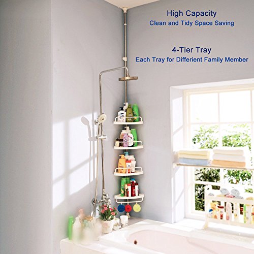 BAOYOUNI 4 Tier Shower Pole Caddy Tension Rod Adjustable Corner Storage Rack Organizer Stand Vertical Tall Bathtub Shelf Floor to Ceiling Extendable Bathroom Space Saver - Ivory