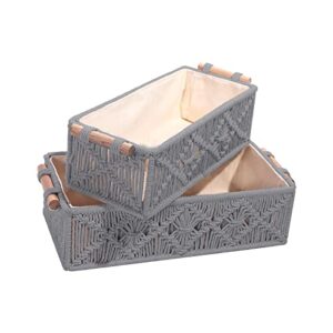 teokj macrame storage baskets, 2 packs woven decor box organizer for shelf, storage baskets for organizing with handles gray