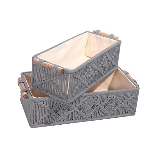 TeoKJ Macrame Storage Baskets, 2 Packs Woven Decor Box Organizer for Shelf, Storage Baskets for Organizing with Handles Gray