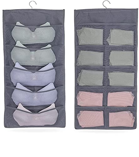 Storage hanging bag, Dual-Sided Hanging Bra Storage Organizer with Metal Hanger, Dual-Sided Hanging Storage Organiser for Underwear, Panties，Stocking,Bra and Sock (5+10 Pockets, Gray)