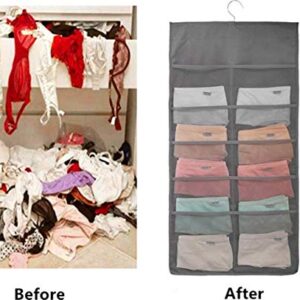 Storage hanging bag, Dual-Sided Hanging Bra Storage Organizer with Metal Hanger, Dual-Sided Hanging Storage Organiser for Underwear, Panties，Stocking,Bra and Sock (5+10 Pockets, Gray)