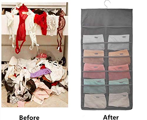 Storage hanging bag, Dual-Sided Hanging Bra Storage Organizer with Metal Hanger, Dual-Sided Hanging Storage Organiser for Underwear, Panties，Stocking,Bra and Sock (5+10 Pockets, Gray)