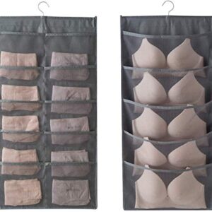 Storage hanging bag, Dual-Sided Hanging Bra Storage Organizer with Metal Hanger, Dual-Sided Hanging Storage Organiser for Underwear, Panties，Stocking,Bra and Sock (5+10 Pockets, Gray)