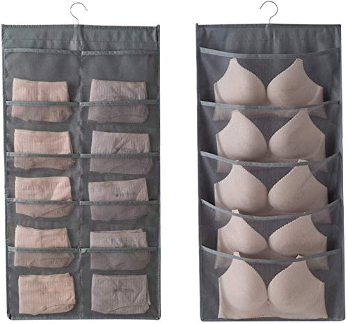 Storage hanging bag, Dual-Sided Hanging Bra Storage Organizer with Metal Hanger, Dual-Sided Hanging Storage Organiser for Underwear, Panties，Stocking,Bra and Sock (5+10 Pockets, Gray)