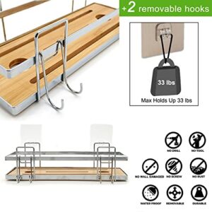 HOBYLIFE Self Adhesive Shower Shelves with Hooks, Wall Mounted Bamboo Shower Caddy, No Drilling Rustproof Bathroom Shower Organizer, 2 Pack- Silver