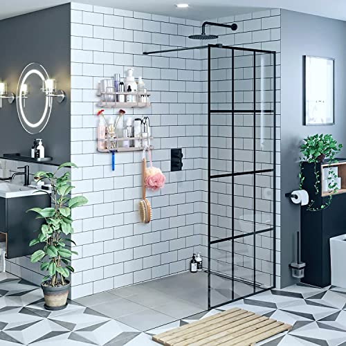 HOBYLIFE Self Adhesive Shower Shelves with Hooks, Wall Mounted Bamboo Shower Caddy, No Drilling Rustproof Bathroom Shower Organizer, 2 Pack- Silver