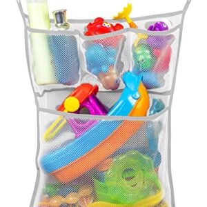 S&T INC. Baby Bath Toy Storage for Tub with Pockets, Kids Bath Toy Holder or Mesh Shower Caddy, Holds Kid Toys, Soaps, or Shampoos, 14 Inch by 20 Inch Net with Hooks Included, Grey, 1 Pack