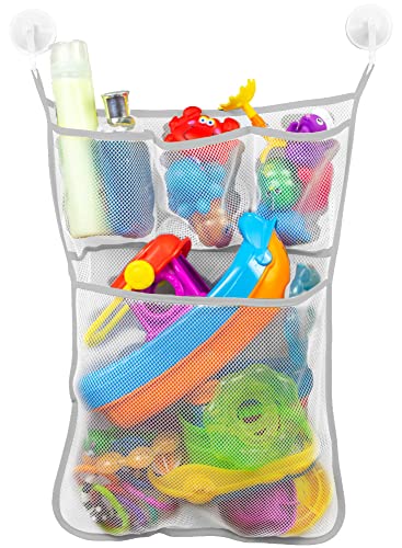 S&T INC. Baby Bath Toy Storage for Tub with Pockets, Kids Bath Toy Holder or Mesh Shower Caddy, Holds Kid Toys, Soaps, or Shampoos, 14 Inch by 20 Inch Net with Hooks Included, Grey, 1 Pack