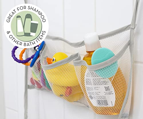 S&T INC. Baby Bath Toy Storage for Tub with Pockets, Kids Bath Toy Holder or Mesh Shower Caddy, Holds Kid Toys, Soaps, or Shampoos, 14 Inch by 20 Inch Net with Hooks Included, Grey, 1 Pack