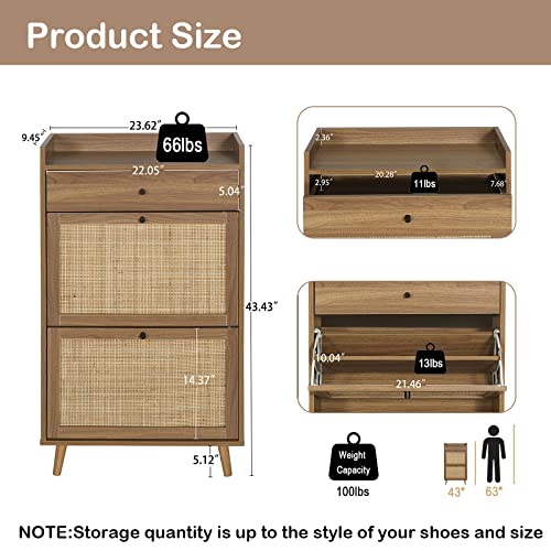 TehRecBT Rattan Shoe Cabinet,Freestanding Shoe Rack Storage Organizer with 2 Flip Drawers & 1 Storage Drawer, Modern Shoe Storage Cabinet with Wood Legs for Entryway (Wood Grain)