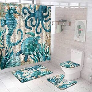 qyvlhd 4 piece nautical biological theme shower curtain sets with rugs, toilet lid cover , blue ocean sea turtles octopus seahorse beach coral reef vintage map shower curtain with hooks ,teal