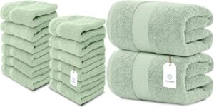 white classic luxury washcloths | 12 pack luxury bath sheet | 2 pack bundle (green)