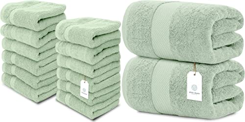 White Classic Luxury Washcloths | 12 Pack Luxury Bath Sheet | 2 Pack Bundle (Green)