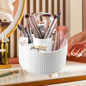 Large Capacity Rotating Makeup Organizer 360 Degree Brush Organizer with 5 Slots Makeup Brush Holder for Vanity Decor Bathroom Countertops Cosmetic Display Cases (White)