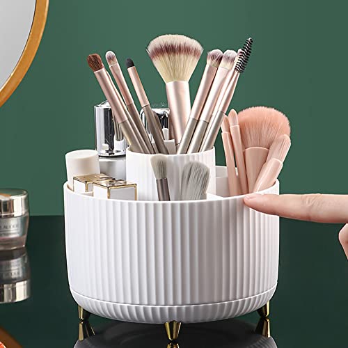 Large Capacity Rotating Makeup Organizer 360 Degree Brush Organizer with 5 Slots Makeup Brush Holder for Vanity Decor Bathroom Countertops Cosmetic Display Cases (White)