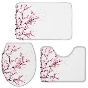 fancyine 3 pieces bath rugs sets spring blooming cherry blossoms soft non-slip absorbent toilet seat cover u-shaped toilet mat for bathroom decor japanese flowers