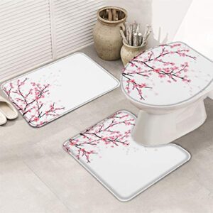 Fancyine 3 Pieces Bath Rugs Sets Spring Blooming Cherry Blossoms Soft Non-Slip Absorbent Toilet Seat Cover U-Shaped Toilet Mat for Bathroom Decor Japanese Flowers