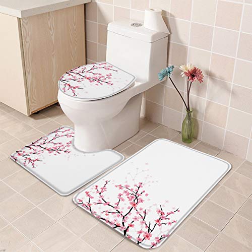 Fancyine 3 Pieces Bath Rugs Sets Spring Blooming Cherry Blossoms Soft Non-Slip Absorbent Toilet Seat Cover U-Shaped Toilet Mat for Bathroom Decor Japanese Flowers