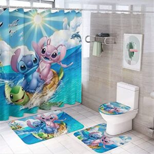fmsnupz cartoon shower curtain 4pcs set, cute bathroom decor with non-slip rugs, toilet lid cover and bath mat, waterproof fabric shower curtains with 12 hooks, 70.8"x70.8"
