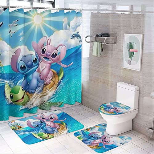 fmsnupz Cartoon Shower Curtain 4PCS Set, Cute Bathroom Decor with Non-Slip Rugs, Toilet Lid Cover and Bath Mat, Waterproof Fabric Shower Curtains with 12 Hooks, 70.8"x70.8"