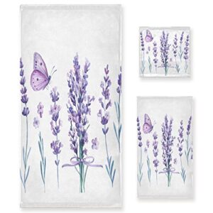 alaza purple lavender flower butterfly towel bathroom sets 3 piece bath towel sets1 bath towel 1 hand towel 1 washcloth soft luxury absorbent decorative towels for beach gym spa