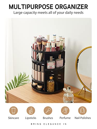 Syntus 360 Rotating Makeup Organizer, DIY Adjustable Bathroom Makeup Carousel Spinning Holder Rack, Large Capacity Cosmetics Storage Box Vanity Shelf Countertop, Fits Makeup Brushes, Lipsticks, Black