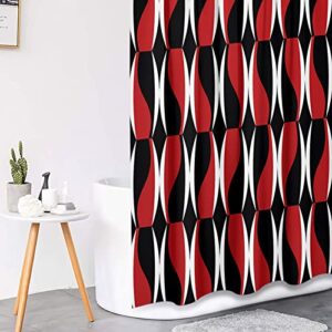 Red Black Geometric Shower Curtain Sets with Toilet Lid Cover and Non-Slip Rugs, Zigzag Chain Round Wave Simple 4 Pcs Shower Curtains for Bathroom, Modern Abstract Bathroom Decor