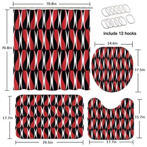 Red Black Geometric Shower Curtain Sets with Toilet Lid Cover and Non-Slip Rugs, Zigzag Chain Round Wave Simple 4 Pcs Shower Curtains for Bathroom, Modern Abstract Bathroom Decor